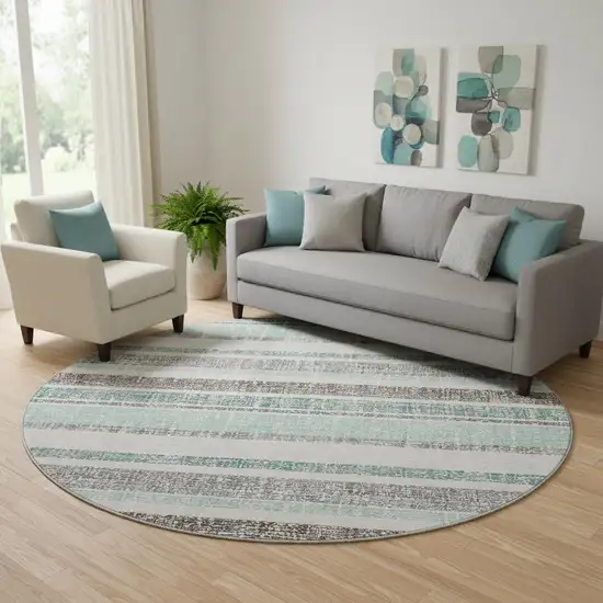 8' Teal And Gray Striped Washable Round Rug With UV Protection Photo 2