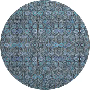 Photo of 8' Teal And Gray Tribal Washable Round Rug With UV Protection
