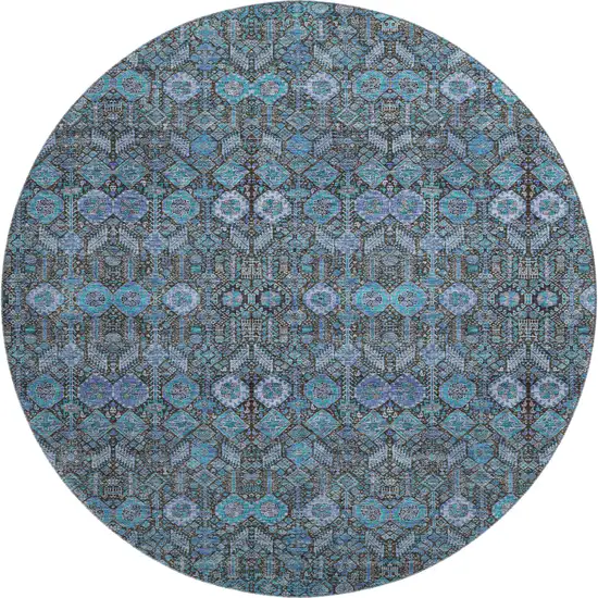 8' Teal And Gray Tribal Washable Round Rug With UV Protection Photo 1