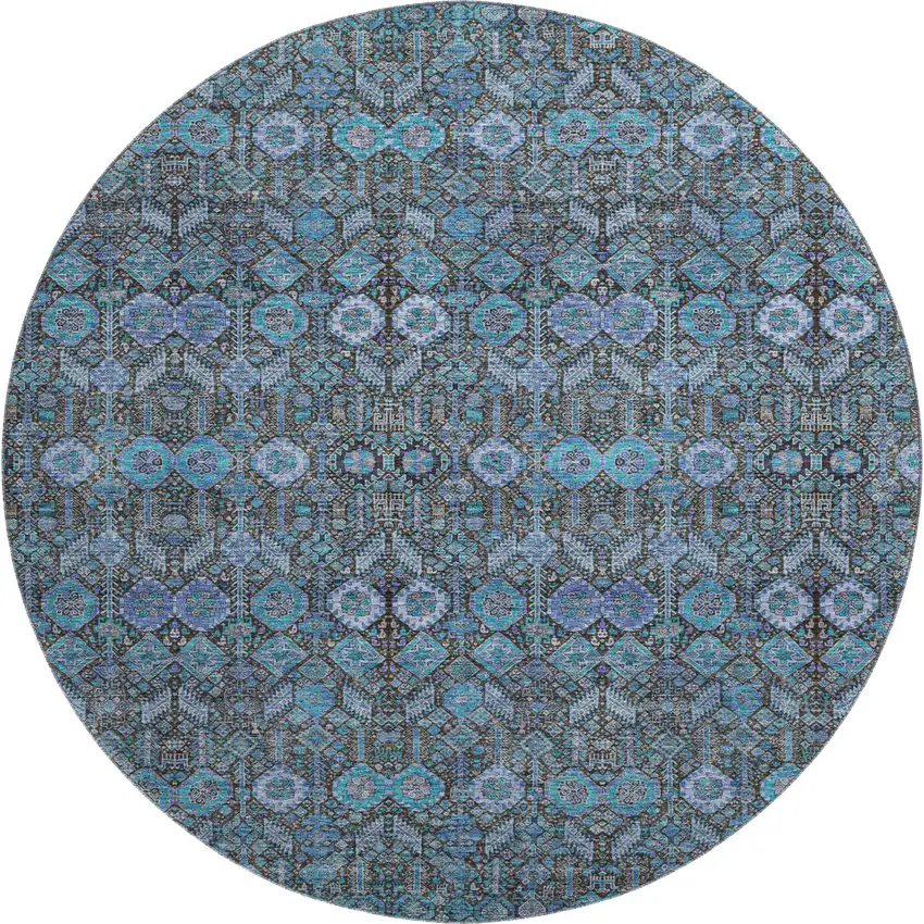 8' Teal And Gray Tribal Washable Round Rug With UV Protection Photo 1
