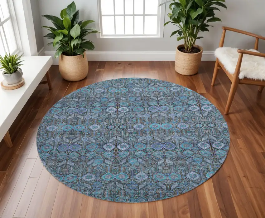 8' Teal And Gray Tribal Washable Round Rug With UV Protection Photo 2