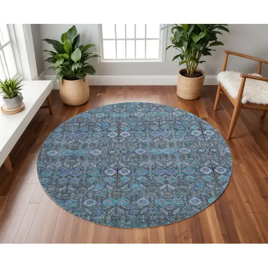 8' Teal And Gray Tribal Washable Round Rug With UV Protection Photo 2