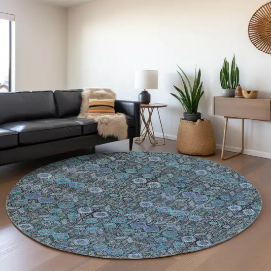 8' Teal And Gray Tribal Washable Round Rug With UV Protection Photo 5