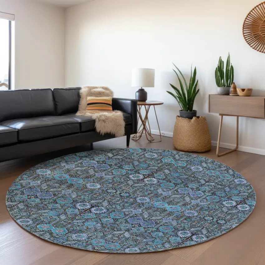 8' Teal And Gray Tribal Washable Round Rug With UV Protection Photo 5