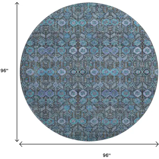 8' Teal And Gray Tribal Washable Round Rug With UV Protection Photo 3