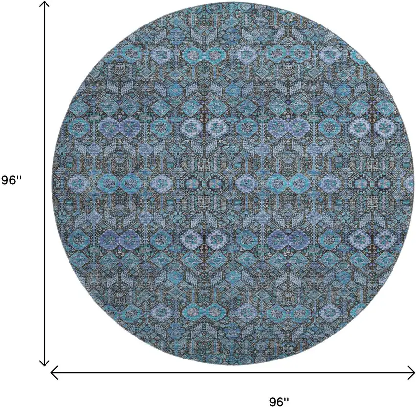 8' Teal And Gray Tribal Washable Round Rug With UV Protection Photo 3