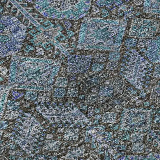 8' Teal And Gray Tribal Washable Round Rug With UV Protection Photo 9