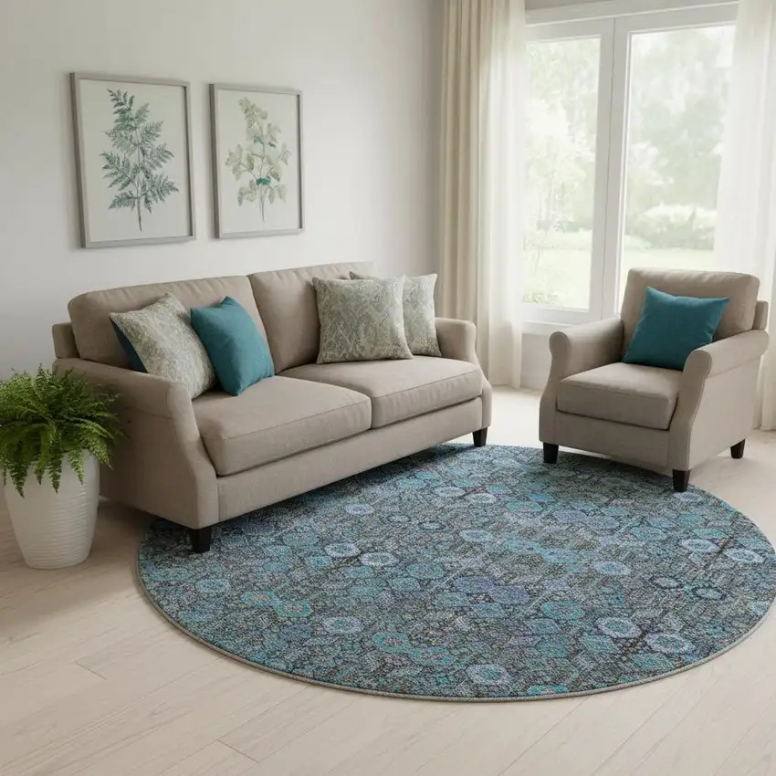 8' Teal And Gray Tribal Washable Round Rug With UV Protection Photo 1