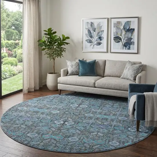 8' Teal And Gray Tribal Washable Round Rug With UV Protection Photo 1