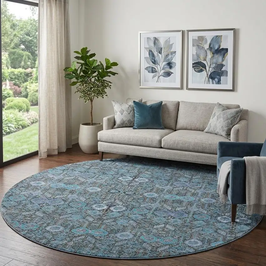 8' Teal And Gray Tribal Washable Round Rug With UV Protection Photo 1