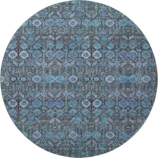 8' Teal And Gray Tribal Washable Round Rug With UV Protection Photo 4