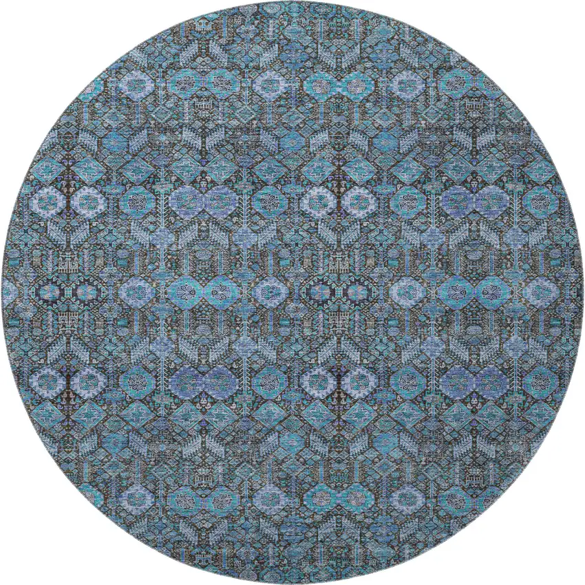 8' Teal And Gray Tribal Washable Round Rug With UV Protection Photo 4