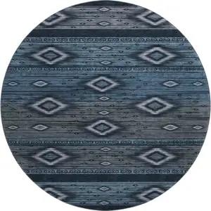 Photo of 8' Teal And Gray Tribal Washable Round Rug With UV Protection