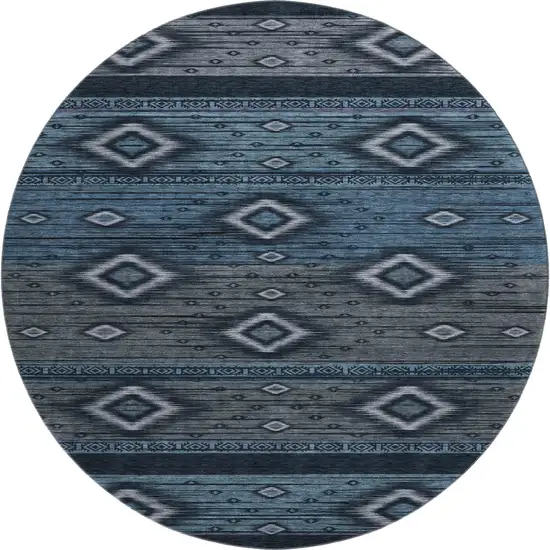 8' Teal And Gray Tribal Washable Round Rug With UV Protection Photo 1