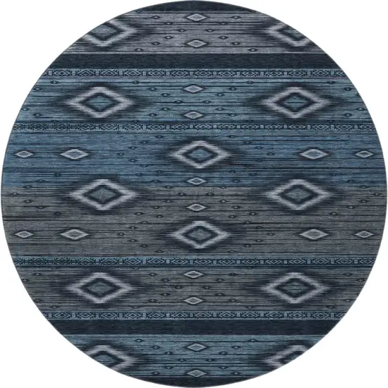 8' Teal And Gray Tribal Washable Round Rug With UV Protection Photo 4