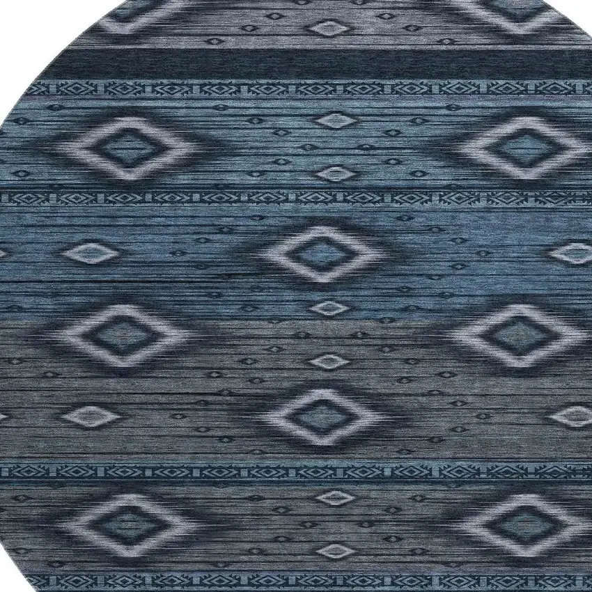 8' Teal And Gray Tribal Washable Round Rug With UV Protection Photo 3