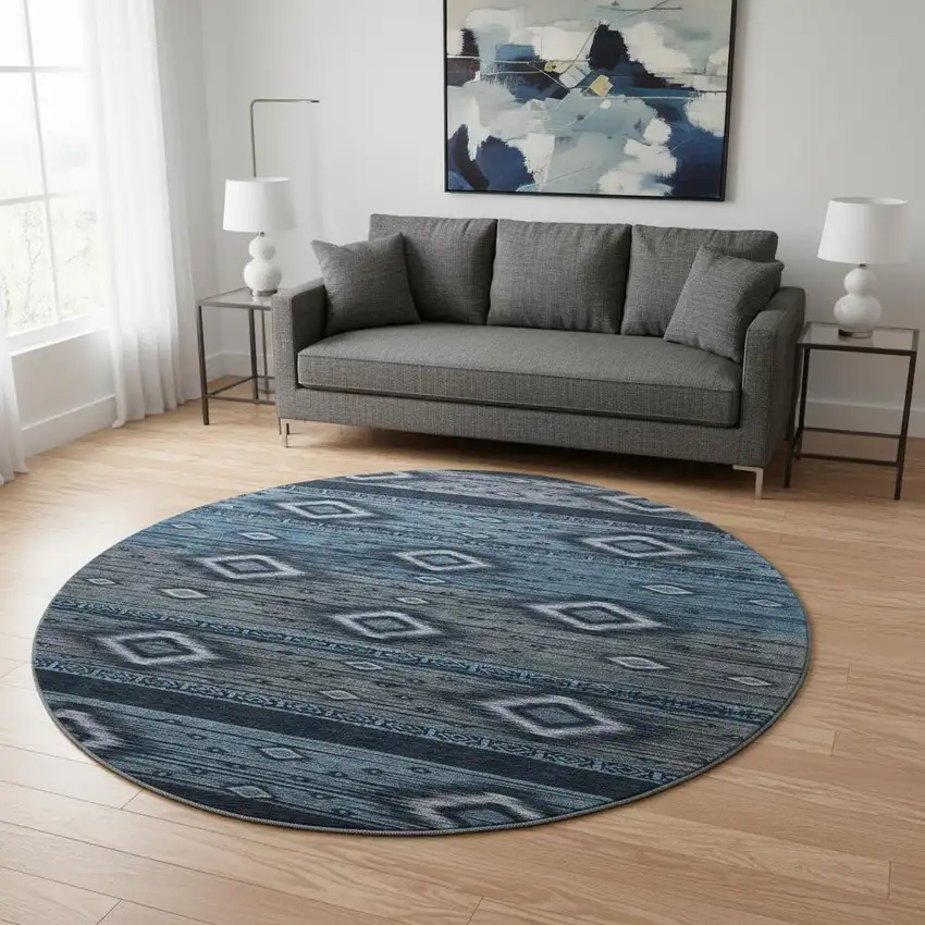 8' Teal And Gray Tribal Washable Round Rug With UV Protection Photo 2