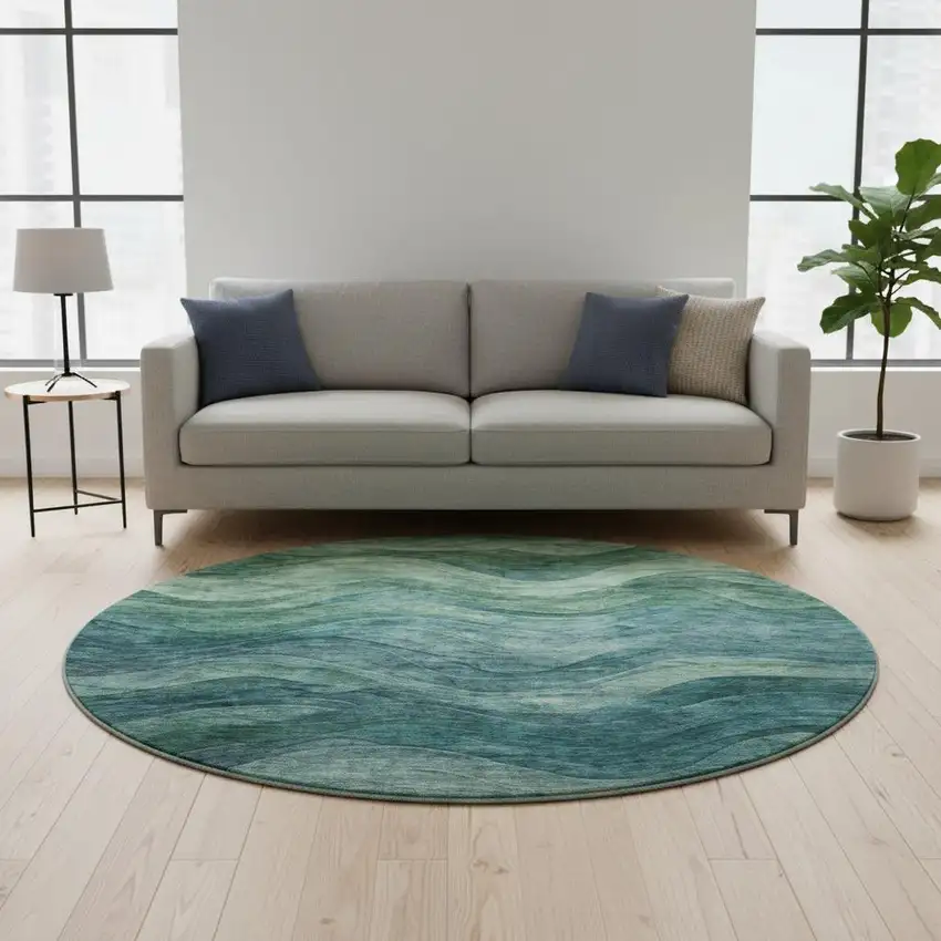 8' Teal And Green Abstract Washable Round Rug With UV Protection Photo 2