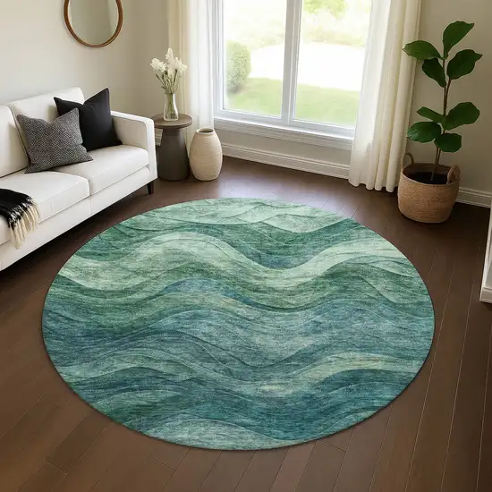 8' Teal And Green Abstract Washable Round Rug With UV Protection Photo 4