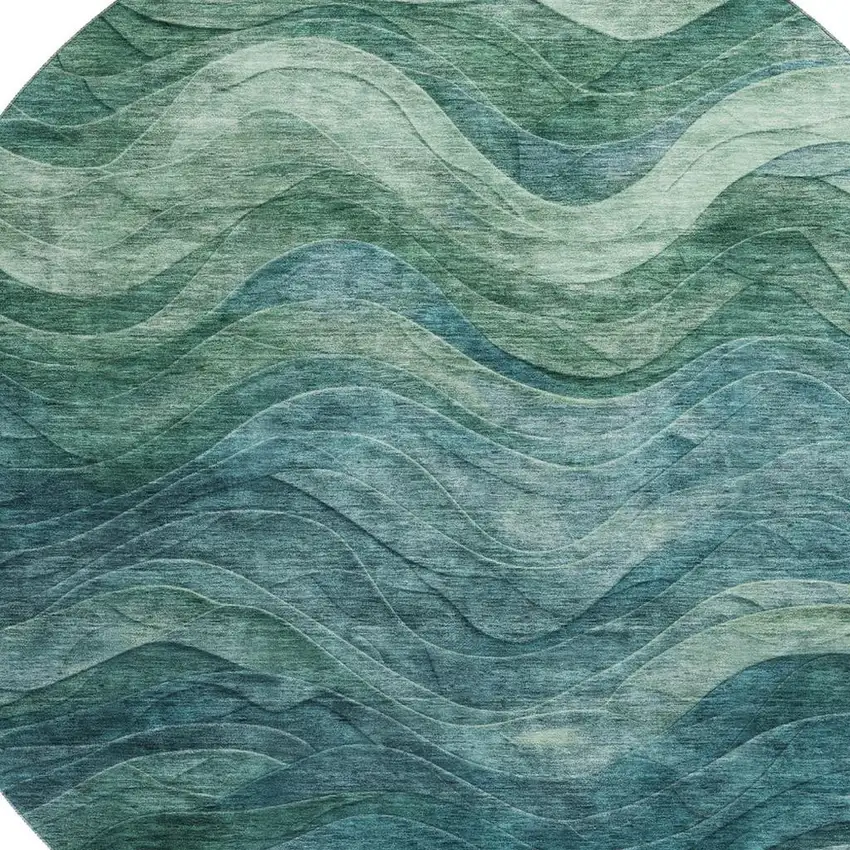 8' Teal And Green Abstract Washable Round Rug With UV Protection Photo 2