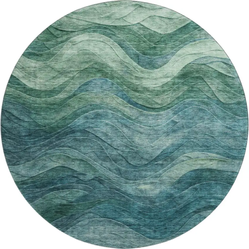8' Teal And Green Abstract Washable Round Rug With UV Protection Photo 1