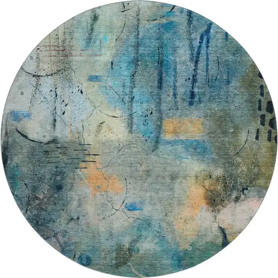 8' Teal And Green Abstract Washable Round Rug With UV Protection Photo 1