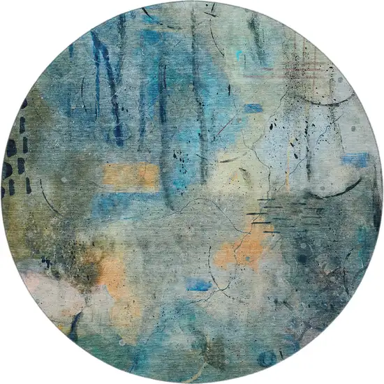 8' Teal And Green Abstract Washable Round Rug With UV Protection Photo 4