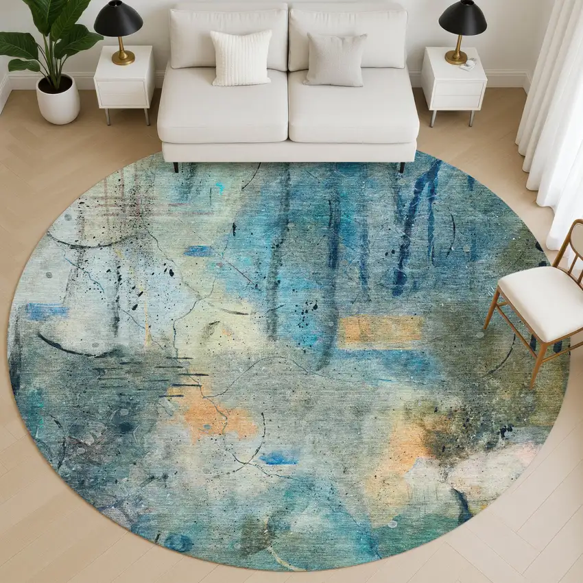 8' Teal And Green Abstract Washable Round Rug With UV Protection Photo 5