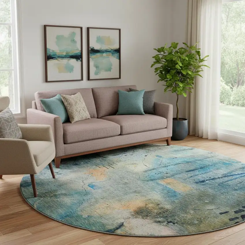 8' Teal And Green Abstract Washable Round Rug With UV Protection Photo 2