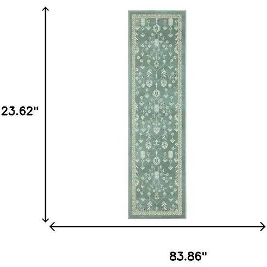 7' Teal And Green Oriental Washable Runner Rug Photo 6