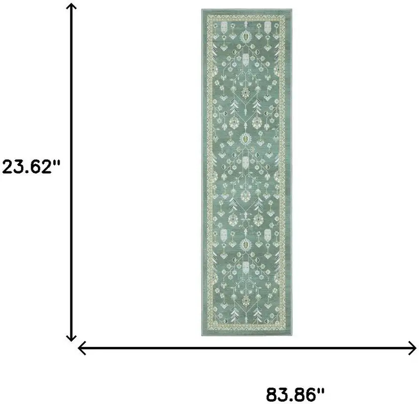 7' Teal And Green Oriental Washable Runner Rug Photo 6