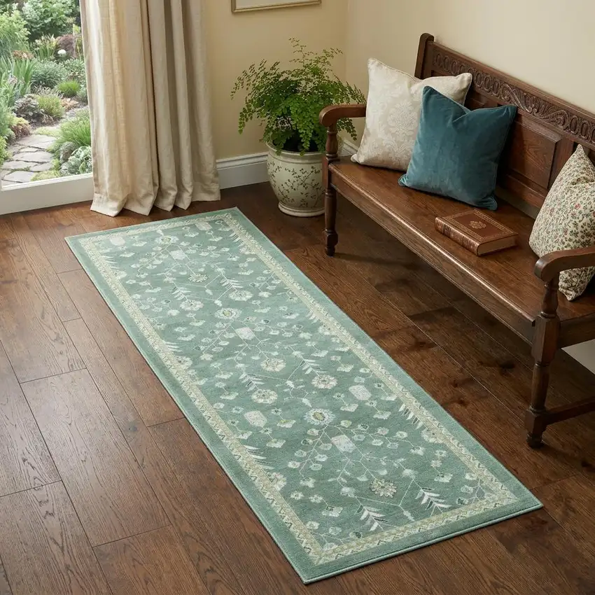 7' Teal And Green Oriental Washable Runner Rug Photo 1