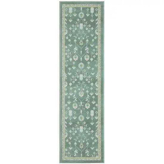 7' Teal And Green Oriental Washable Runner Rug Photo 2