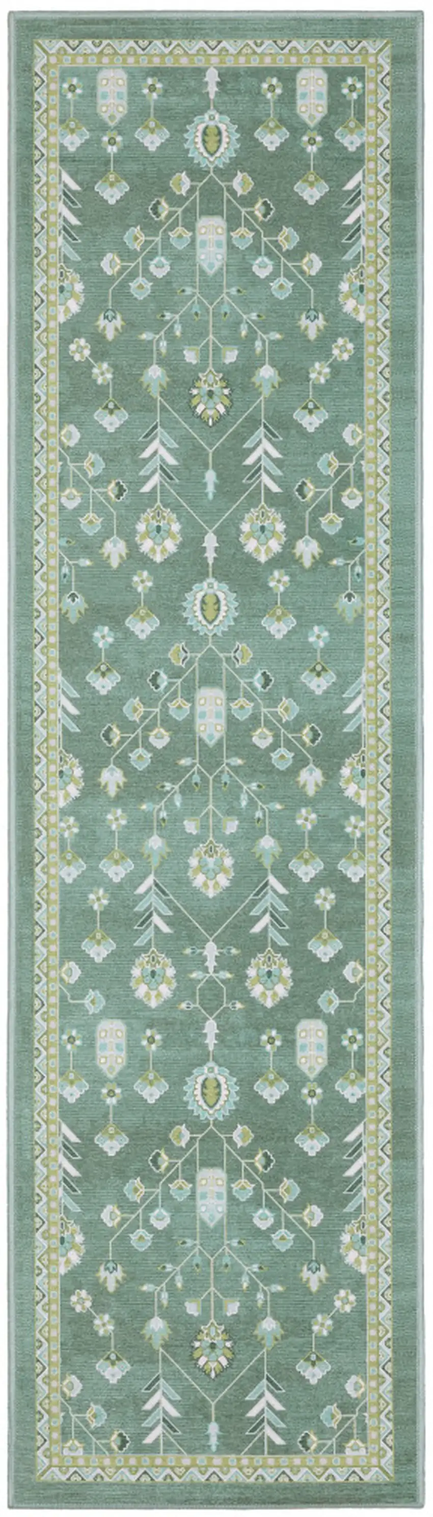 7' Teal And Green Oriental Washable Runner Rug Photo 2