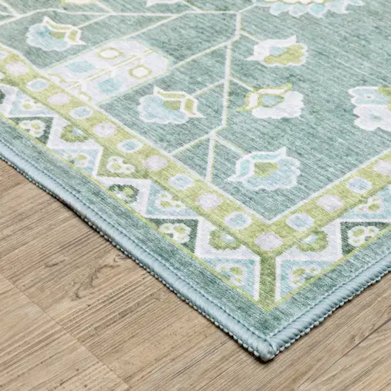 7' Teal And Green Oriental Washable Runner Rug Photo 5