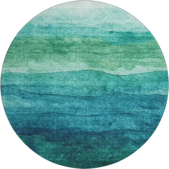 8' Teal And Green Striped Washable Round Rug With UV Protection Photo 1