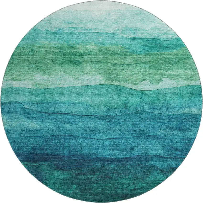 8' Teal And Green Striped Washable Round Rug With UV Protection Photo 1