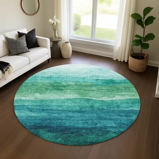 8' Teal And Green Striped Washable Round Rug With UV Protection Photo 4