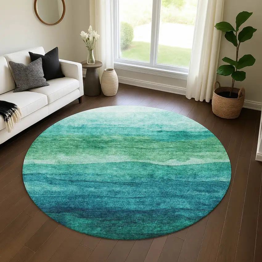 8' Teal And Green Striped Washable Round Rug With UV Protection Photo 4