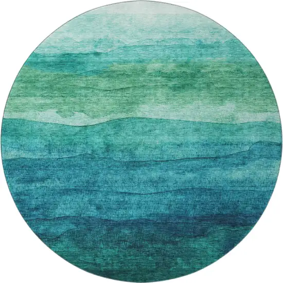8' Teal And Green Striped Washable Round Rug With UV Protection Photo 3