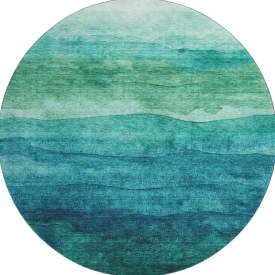 8' Teal And Green Striped Washable Round Rug With UV Protection Photo 2