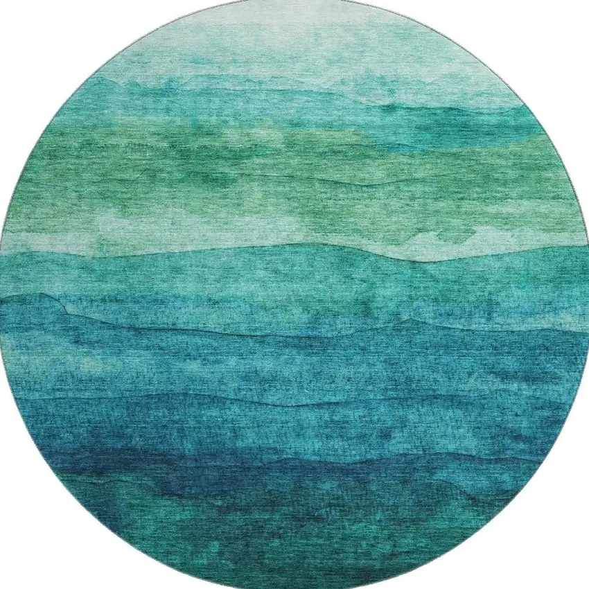 8' Teal And Green Striped Washable Round Rug With UV Protection Photo 2