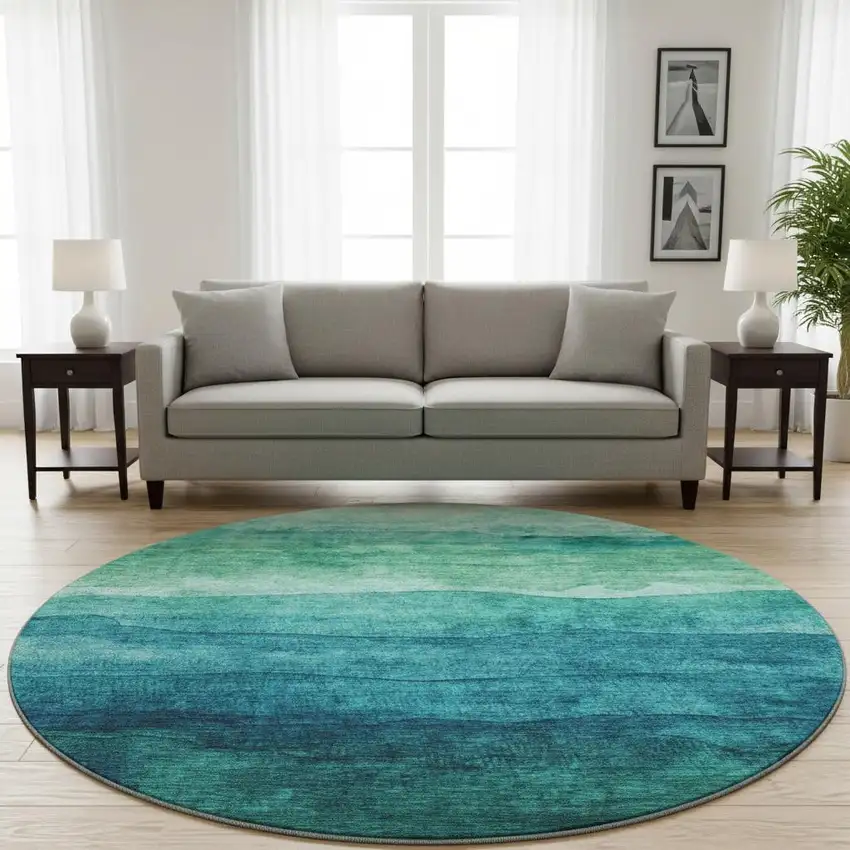 8' Teal And Green Striped Washable Round Rug With UV Protection Photo 2