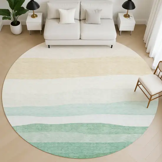 8' Teal And Green Striped Washable Round Rug With UV Protection Photo 5