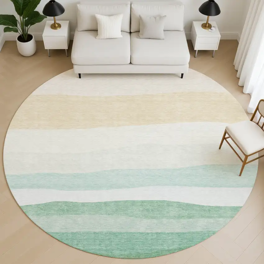 8' Teal And Green Striped Washable Round Rug With UV Protection Photo 5