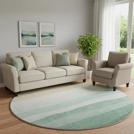 8' Teal And Green Striped Washable Round Rug With UV Protection Photo 2