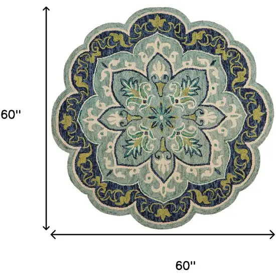 5' Teal And Green Wool Medallion Hand Tufted Round Rug Photo 3
