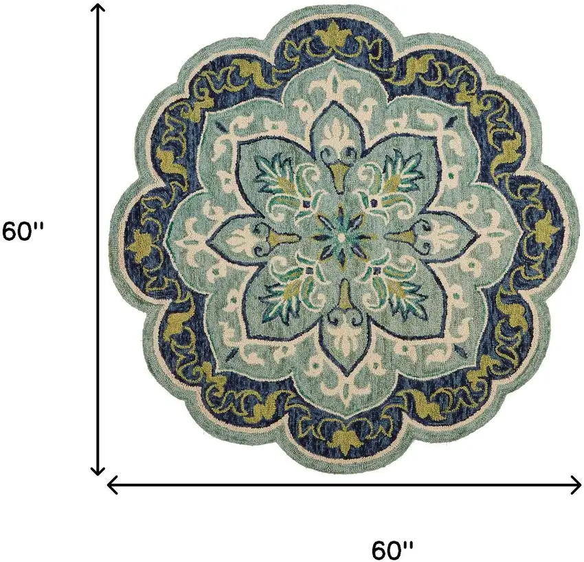 5' Teal And Green Wool Medallion Hand Tufted Round Rug Photo 3