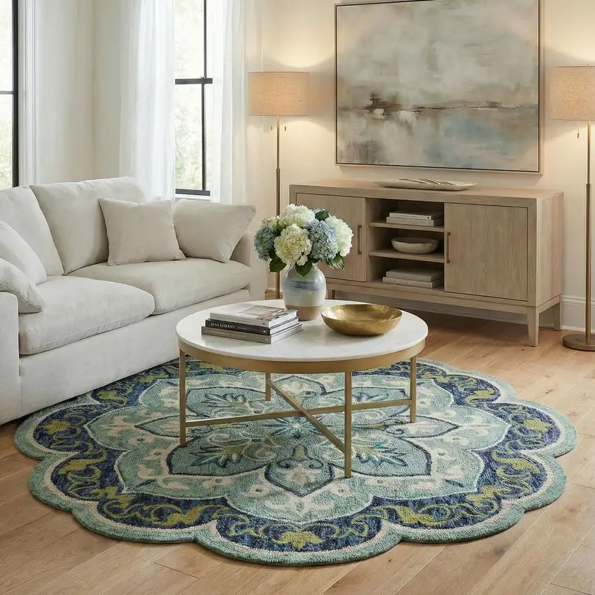 5' Teal And Green Wool Medallion Hand Tufted Round Rug Photo 3