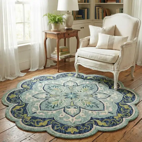 5' Teal And Green Wool Medallion Hand Tufted Round Rug Photo 2